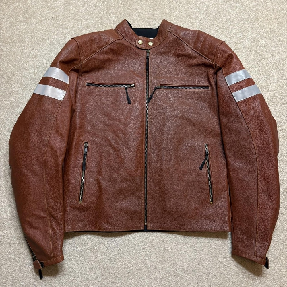 Leather Motorcycle Jacket Mens Medium Brown Armored Riding Reflective Biker